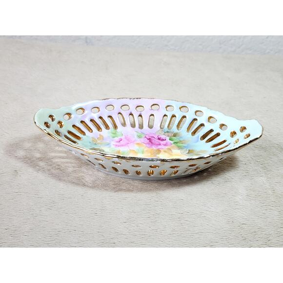 Articulated Candy Dish Trinket Dish 6 1/4" ACI Japan Porcelain Gold Trim 70s Vtg - Picture 6 of 11